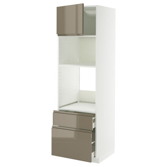 METOD / MAXIMERA - High cab f oven/micro w dr/2 drwrs, white/Voxtorp high-gloss dark grey-brown, 60x60x200 cm