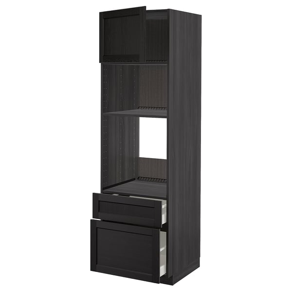 METOD / MAXIMERA high cab f oven/micro w dr/2 drwrs, black/Lerhyttan black stained, 60x60x200 cm