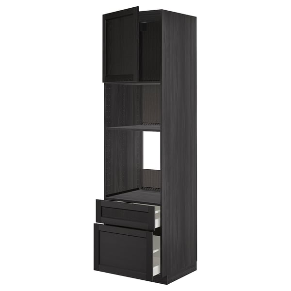 METOD / MAXIMERA high cab f oven/micro w dr/2 drwrs, black/Lerhyttan black stained, 60x60x220 cm