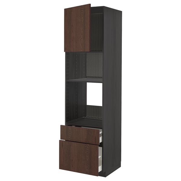 METOD / MAXIMERA - METOD / MAXIMERA High cab f oven/micro w dr/2 drwrs, black/Sinarp brown, 60x60x220 cm