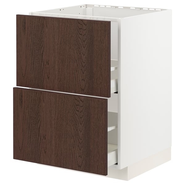 METOD / MAXIMERA base cab f sink+2 fronts/2 drawers, white/Sinarp brown, 60x60 cm