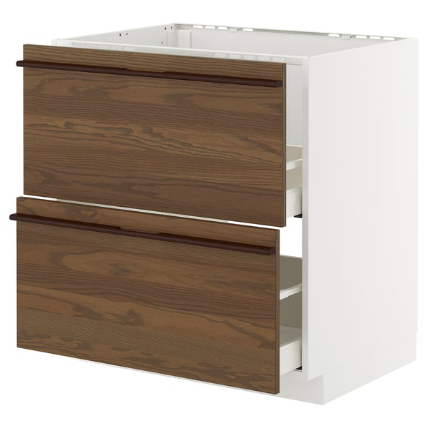 METOD / MAXIMERA base cab f sink+2 fronts/2 drawers, white/Stensta dark brown ash veneer, 80x60 cm