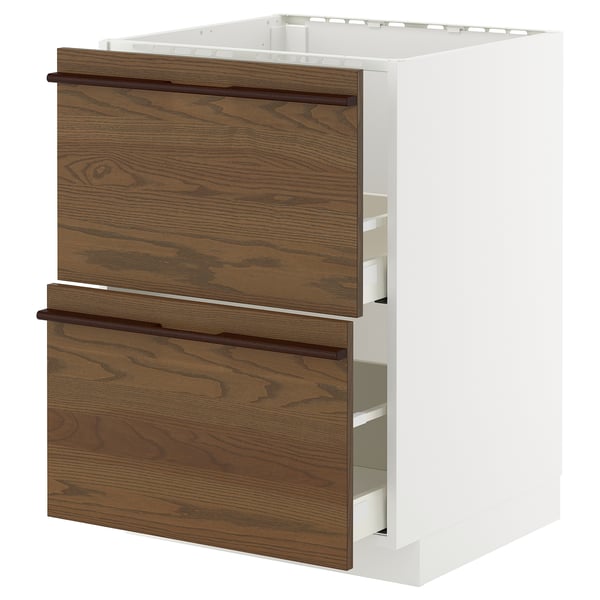 METOD / MAXIMERA base cab f sink+2 fronts/2 drawers, white/Stensta dark brown ash veneer, 60x60 cm