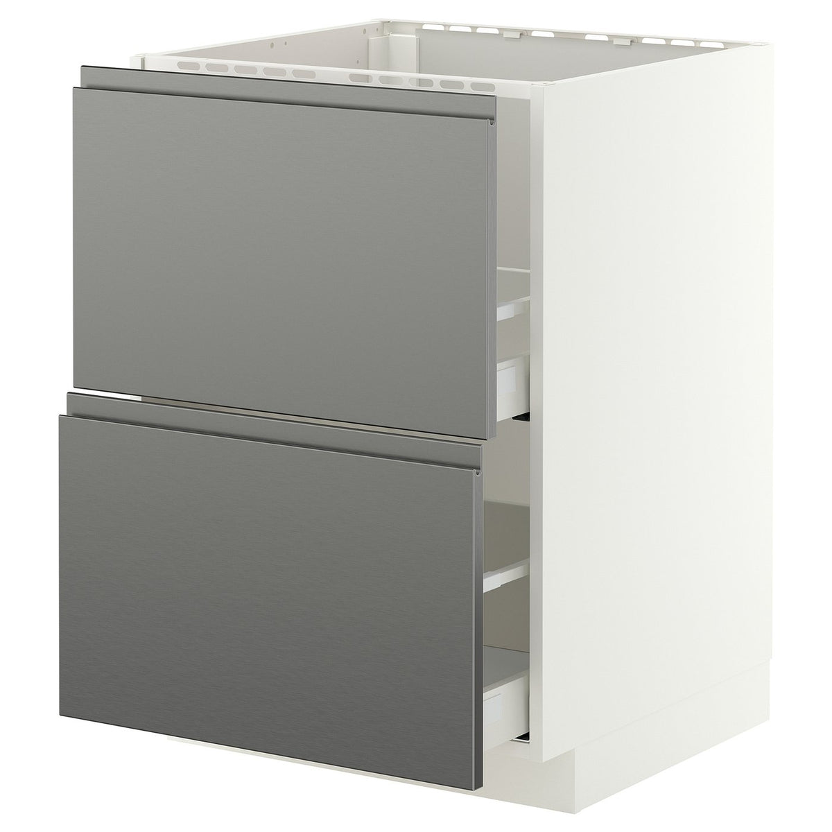 METOD / MAXIMERA base cab f sink+2 fronts/2 drawers, white/Voxtorp stainless steel effect, 60x60 cm