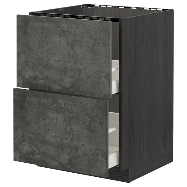 METOD / MAXIMERA base cab f sink+2 fronts/2 drawers, black/Kalhyttan dark grey concrete effect, 60x60 cm