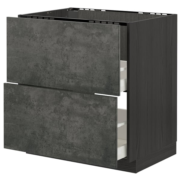 METOD / MAXIMERA base cab f sink+2 fronts/2 drawers, black/Kalhyttan dark grey concrete effect, 80x60 cm
