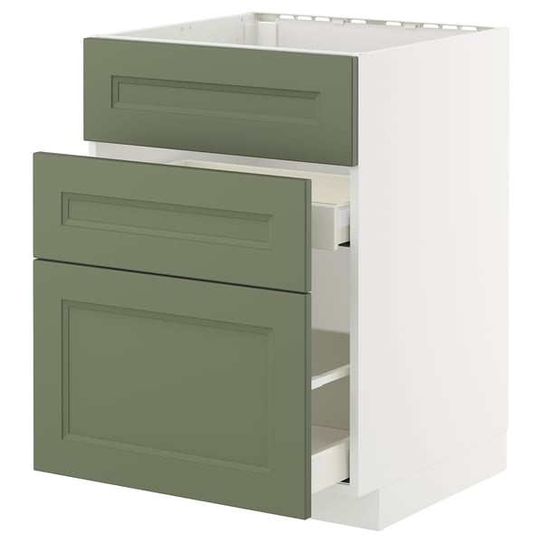 METOD / MAXIMERA base cab f sink+3 fronts/2 drawers, white/Axstad grey-green, 60x60 cm