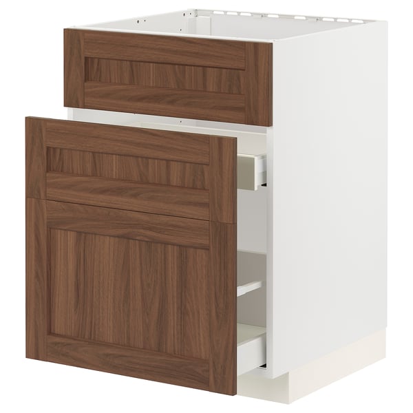 METOD / MAXIMERA - METOD / MAXIMERA Base cab f sink+3 fronts/2 drawers, white Enköping/brown walnut effect, 60x60 cm