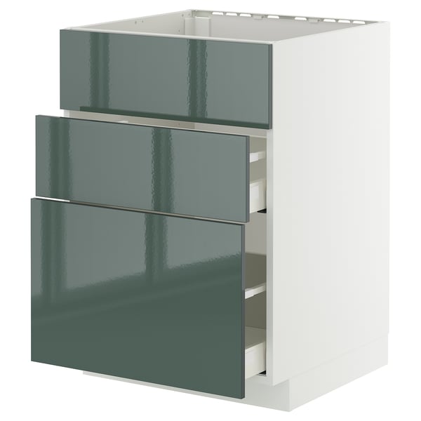 METOD / MAXIMERA base cab f sink+3 fronts/2 drawers, white/Kallarp high-gloss dark grey-green, 60x60 cm