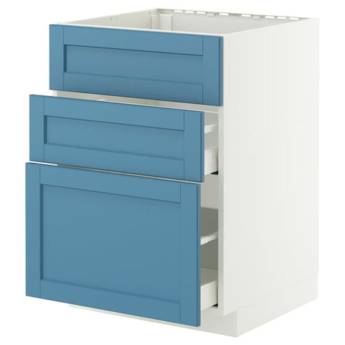METOD / MAXIMERA base cab f sink+3 fronts/2 drawers, white/Lerhyttan blue, 60x60 cm