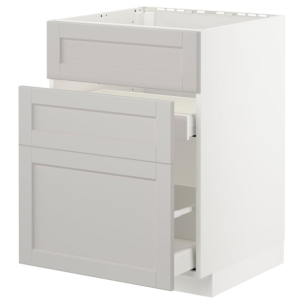 METOD / MAXIMERA base cab f sink+3 fronts/2 drawers, white/Lerhyttan light grey, 60x60 cm