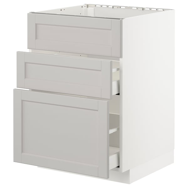 METOD / MAXIMERA base cab f sink+3 fronts/2 drawers, white/Lerhyttan light grey, 60x60 cm