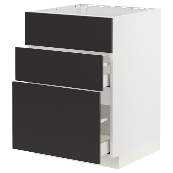 METOD / MAXIMERA base cab f sink+3 fronts/2 drawers, white/Nickebo matt anthracite, 60x60 cm
