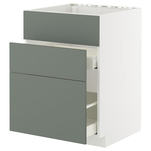 METOD / MAXIMERA - METOD / MAXIMERA Base cab f sink+3 fronts/2 drawers, white/Nickebo matt grey-green, 60x60 cm