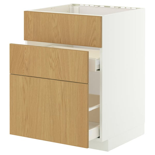 METOD / MAXIMERA sink cabinet/3fronts/2drawers, white/Sinarp oak veneer, 60x60 cm