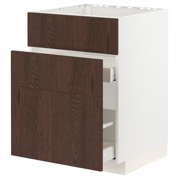 METOD / MAXIMERA base cab f sink+3 fronts/2 drawers, white/Sinarp brown, 60x60 cm