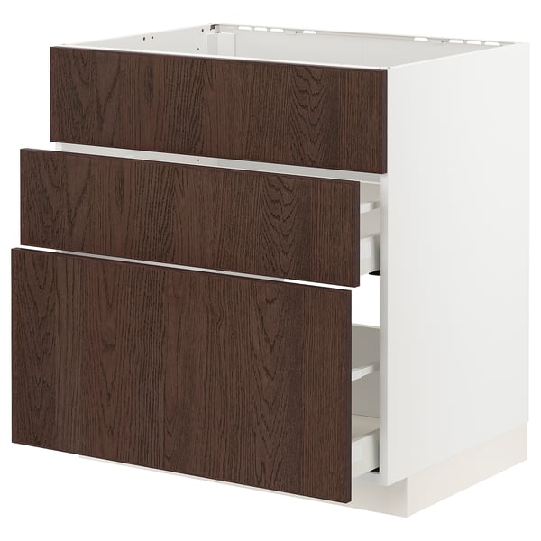 METOD / MAXIMERA base cab f sink+3 fronts/2 drawers, white/Sinarp brown, 80x60 cm