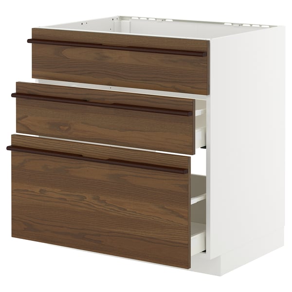 METOD / MAXIMERA base cab f sink+3 fronts/2 drawers, white/Stensta dark brown ash veneer, 80x60 cm