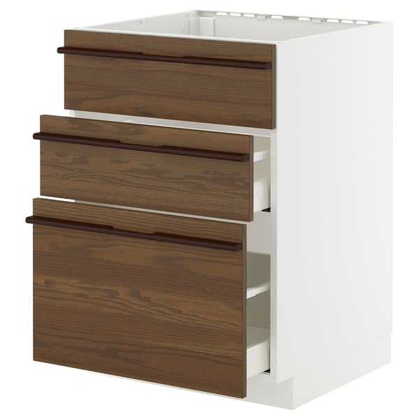 METOD / MAXIMERA base cab f sink+3 fronts/2 drawers, white/Stensta dark brown ash veneer, 60x60 cm