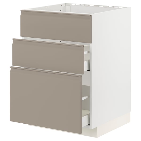 METOD / MAXIMERA base cab f sink+3 fronts/2 drawers, white/Upplöv matt dark beige, 60x60 cm