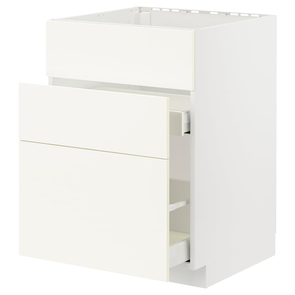 METOD / MAXIMERA base cab f sink+3 fronts/2 drawers, white/Vallstena white, 60x60 cm