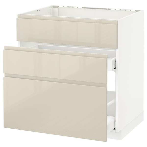 METOD / MAXIMERA base cab f sink+3 fronts/2 drawers, white/Voxtorp high-gloss light beige