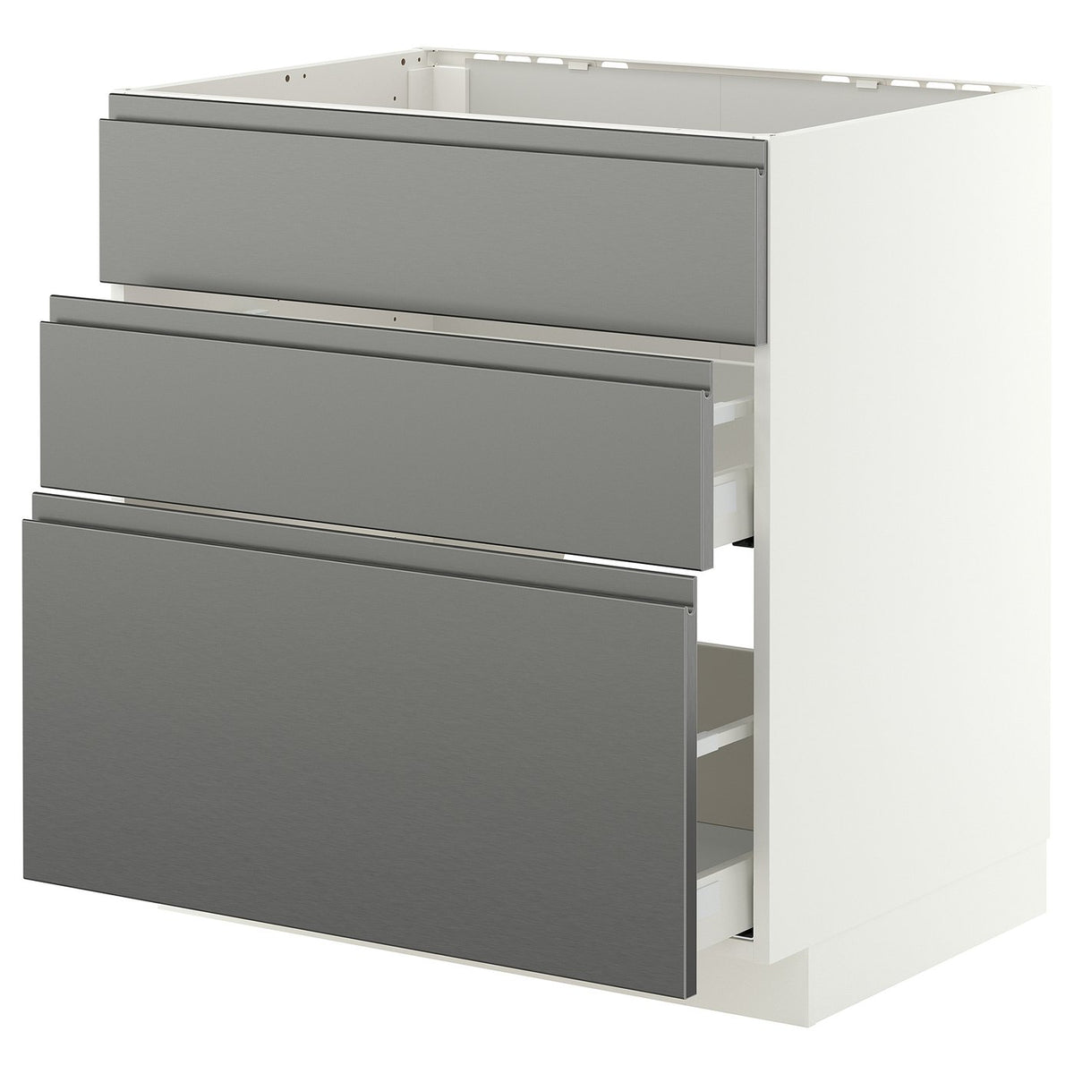 METOD / MAXIMERA base cab f sink+3 fronts/2 drawers, white/Voxtorp stainless steel effect, 80x60 cm