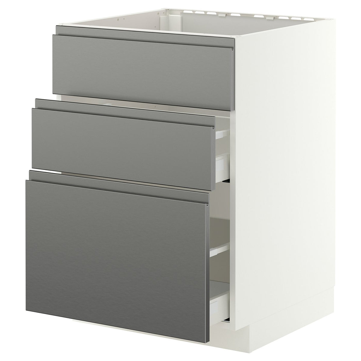 METOD / MAXIMERA base cab f sink+3 fronts/2 drawers, white/Voxtorp stainless steel effect, 60x60 cm