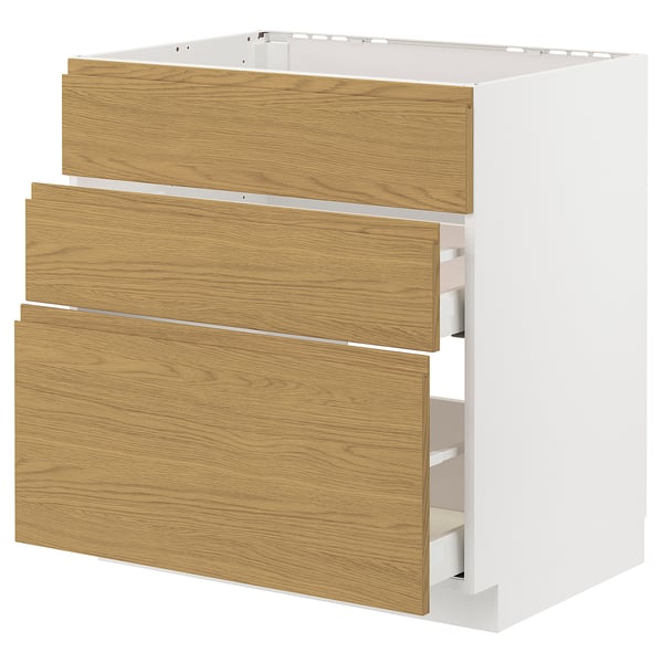 METOD / MAXIMERA base cab f sink+3 fronts/2 drawers, white/Voxtorp oak effect, 80x60 cm