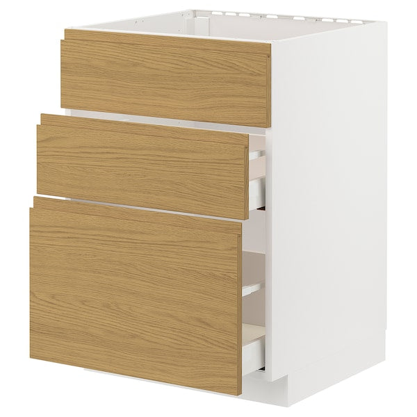 METOD / MAXIMERA - Base cab f sink+3 fronts/2 drawers, white/Voxtorp oak effect, 60x60 cm