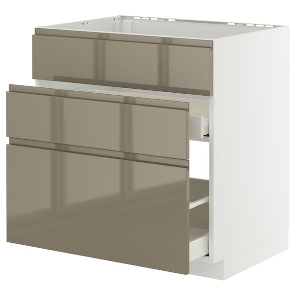 METOD / MAXIMERA - Base cab f sink+3 fronts/2 drawers, white/Voxtorp high-gloss dark grey-brown, 80x60 cm