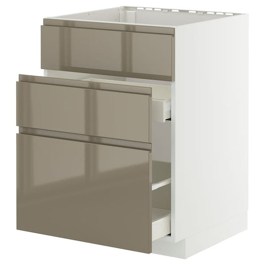 METOD / MAXIMERA - Base cab f sink+3 fronts/2 drawers, white/Voxtorp high-gloss dark grey-brown, 60x60 cm