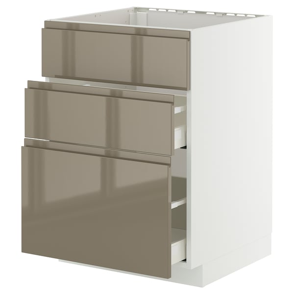 METOD / MAXIMERA base cab f sink+3 fronts/2 drawers, white/Voxtorp high-gloss dark grey-brown, 60x60 cm