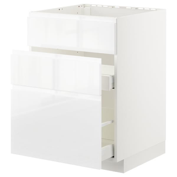 METOD / MAXIMERA base cab f sink+3 fronts/2 drawers, white/Voxtorp high-gloss/white, 60x60 cm