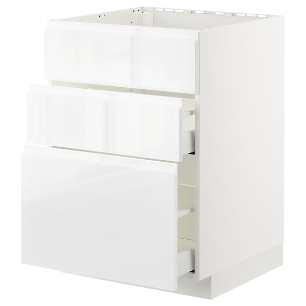 METOD / MAXIMERA base cab f sink+3 fronts/2 drawers, white/Voxtorp high-gloss/white, 60x60 cm