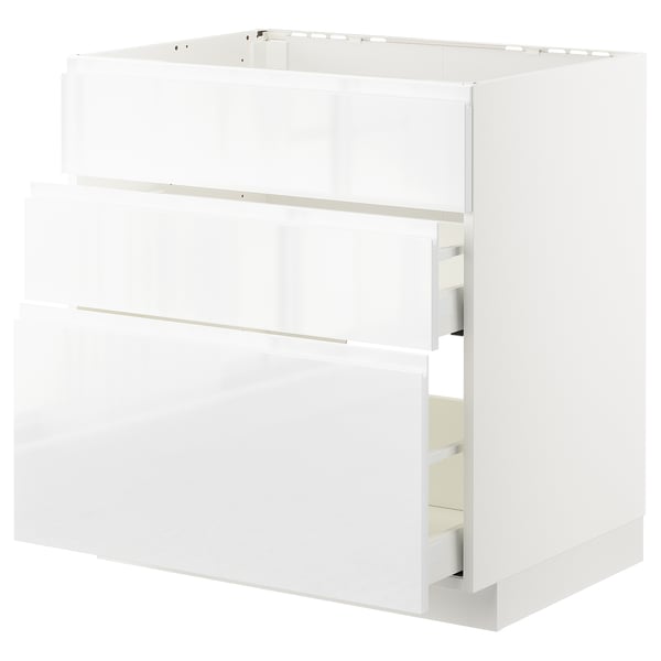 METOD / MAXIMERA base cab f sink+3 fronts/2 drawers, white/Voxtorp high-gloss/white, 80x60 cm