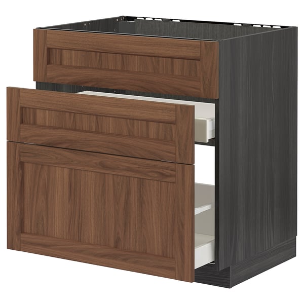 METOD / MAXIMERA base cab f sink+3 fronts/2 drawers, black Enköping/brown walnut effect, 80x60 cm