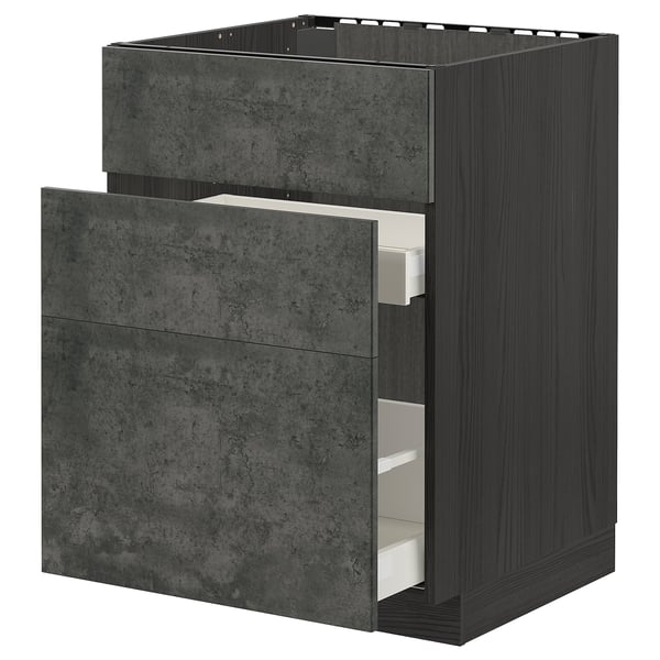 METOD / MAXIMERA base cab f sink+3 fronts/2 drawers, black/Kalhyttan dark grey concrete effect, 60x60 cm