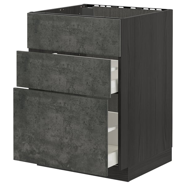 METOD / MAXIMERA base cab f sink+3 fronts/2 drawers, black/Kalhyttan dark grey concrete effect, 60x60 cm