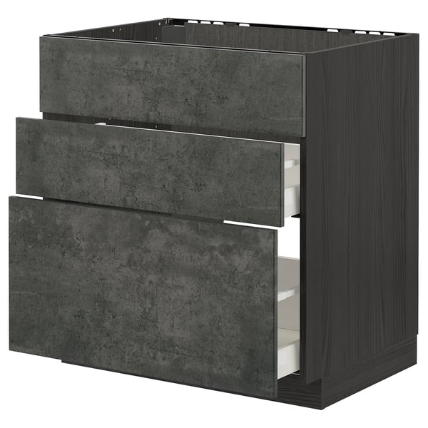 METOD / MAXIMERA base cab f sink+3 fronts/2 drawers, black/Kalhyttan dark grey concrete effect, 80x60 cm