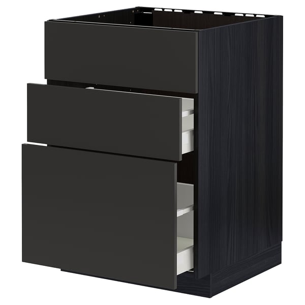 METOD / MAXIMERA base cab f sink+3 fronts/2 drawers, black/Nickebo matt anthracite, 60x60 cm