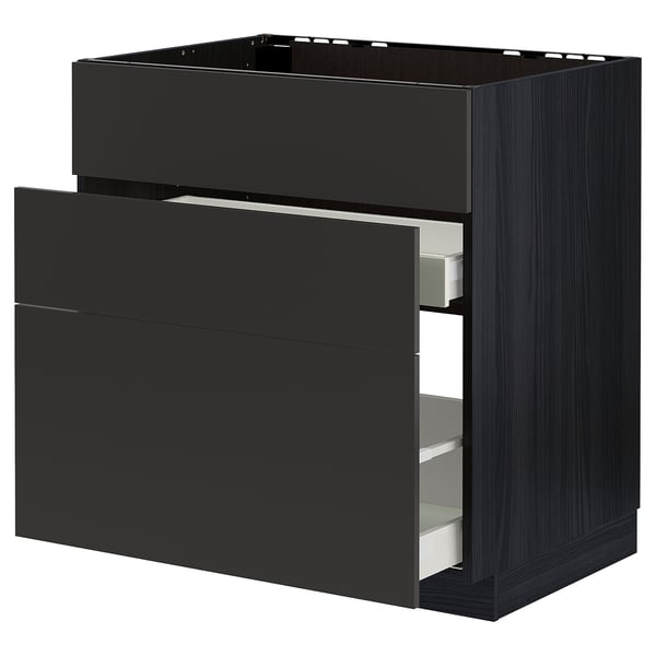 METOD / MAXIMERA base cab f sink+3 fronts/2 drawers, black/Nickebo matt anthracite, 80x60 cm