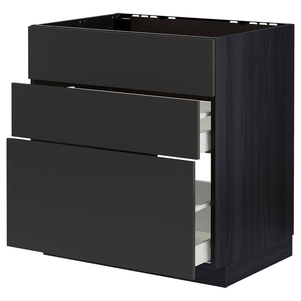 METOD / MAXIMERA base cab f sink+3 fronts/2 drawers, black/Nickebo matt anthracite, 80x60 cm