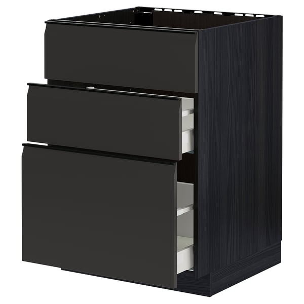 METOD / MAXIMERA base cab f sink+3 fronts/2 drawers, black/Upplöv matt anthracite, 60x60 cm