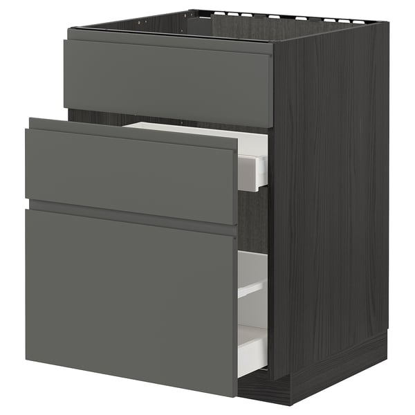 METOD / MAXIMERA base cab f sink+3 fronts/2 drawers, black/Voxtorp dark grey, 60x60 cm