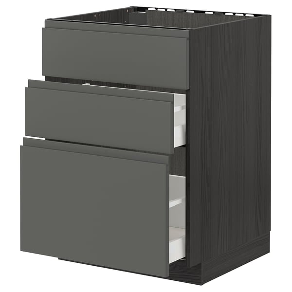 METOD / MAXIMERA base cab f sink+3 fronts/2 drawers, black/Voxtorp dark grey, 60x60 cm