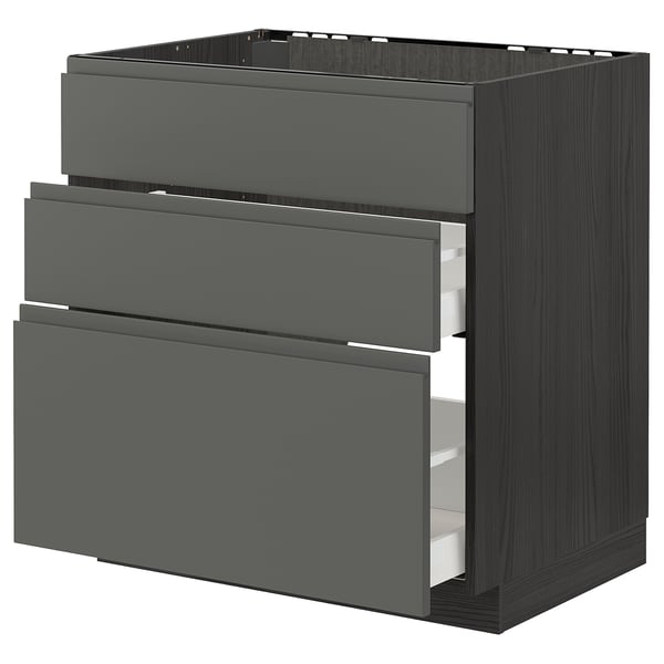 METOD / MAXIMERA base cab f sink+3 fronts/2 drawers, black/Voxtorp dark grey, 80x60 cm
