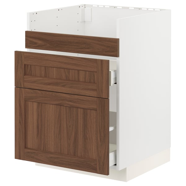METOD / MAXIMERA base cb f HAVSEN snk/3 frnts/2 drws, white Enköping/brown walnut effect, 60x60 cm