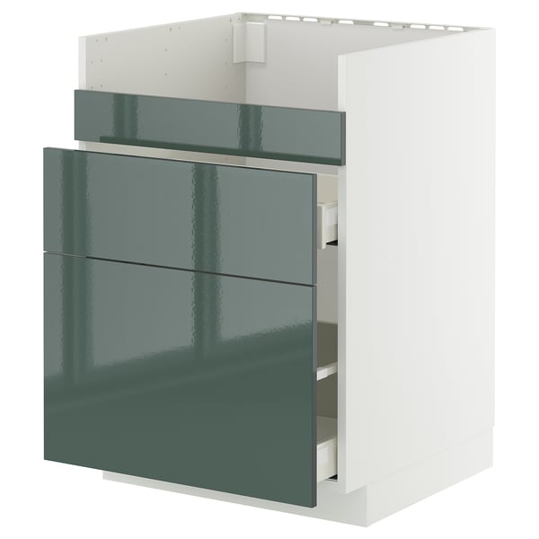 METOD / MAXIMERA base cb f HAVSEN snk/3 frnts/2 drws, white/Kallarp high-gloss dark grey-green, 60x60 cm