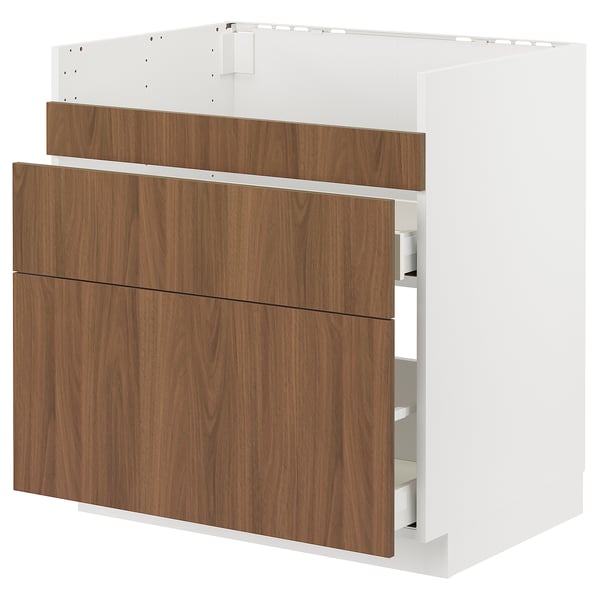 METOD / MAXIMERA base cb f HAVSEN snk/3 frnts/2 drws, white/Tistorp brown walnut effect, 80x60 cm